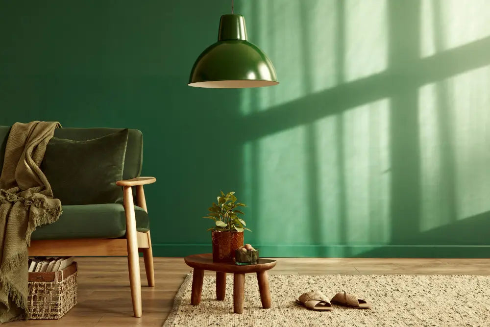 Photo d'un mur en vert, d'un fauteuil en vert, d'un luminaire vert, d'une table basse en bois avec une plante dessus, un tapis en osier