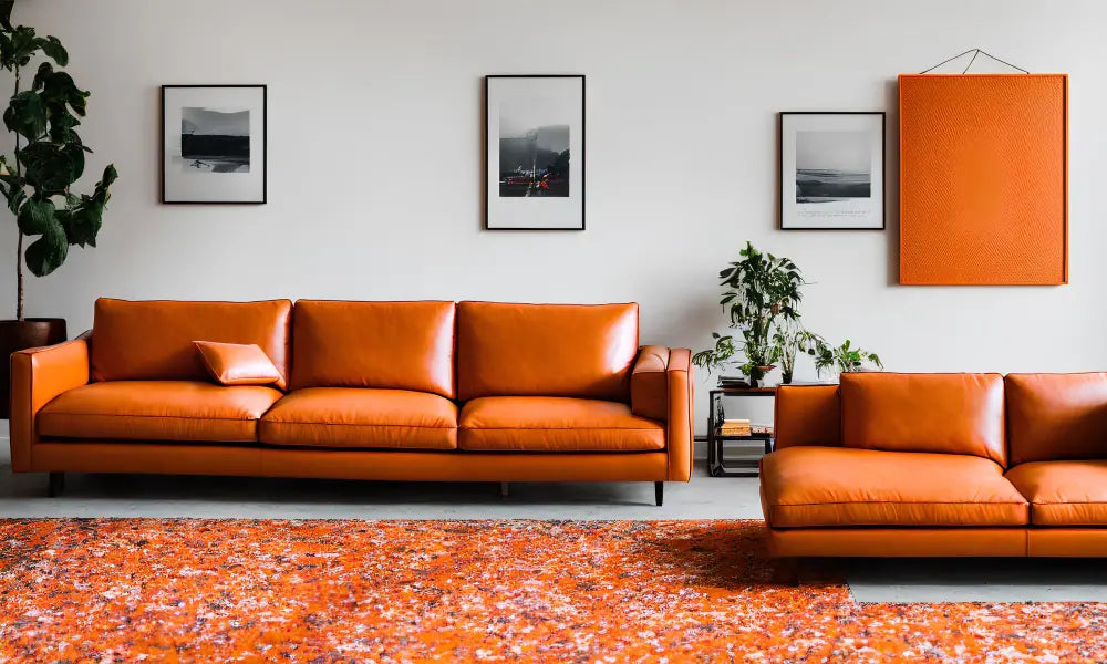 Photo d'un canapé orange 3 places, avec un sol orange, un mur blanc, des cadre photo sur le mur, une plante verte