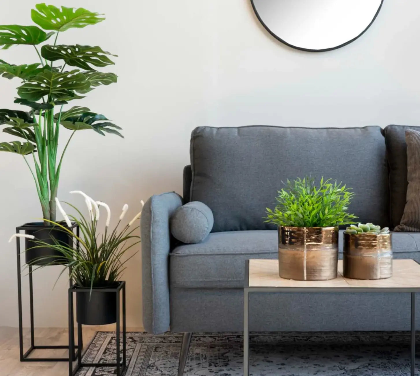 photo d'une canapé gris, d'une table basse en bois, d'un parquet en bois, d'un mur blanc, deux pots de fleurs en acier