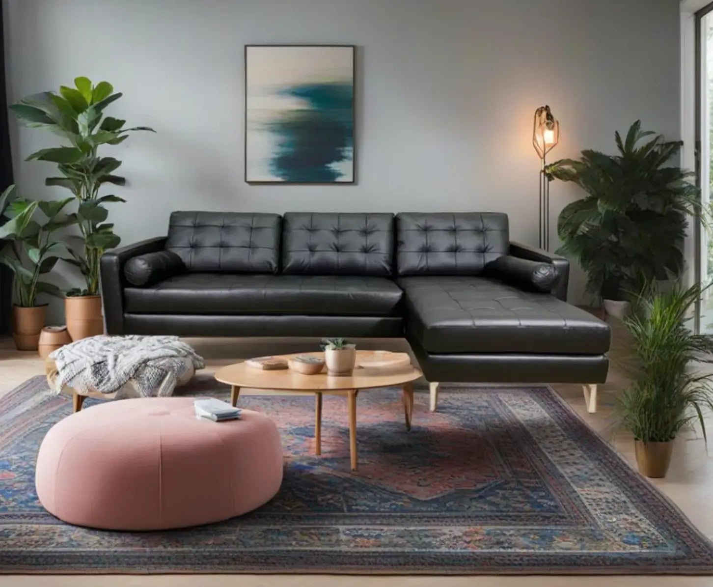 canapé d'angle noir en cuir dans un salon avec un tapis, deux plantes vertes, une table