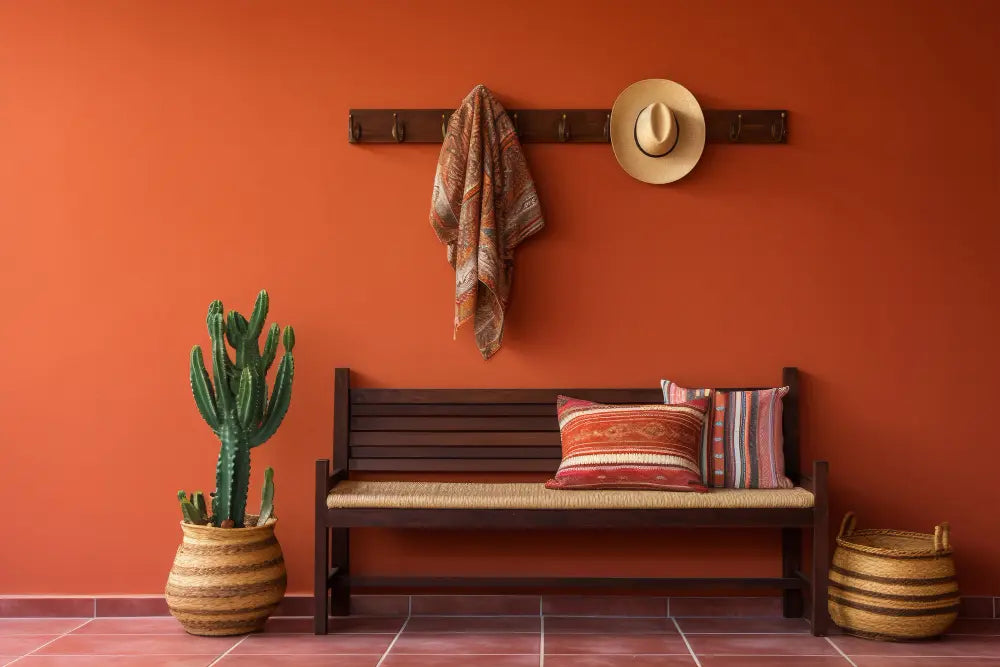 photo d'un mur en orange, d'un banc en bois, d'un cactus, d'un porte manteau avec un chapeau