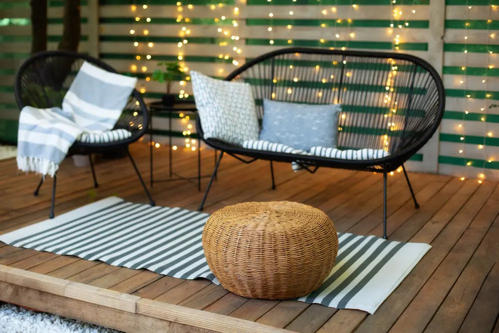 Photo d'une terrasse en bois avec des guirlandes lumineuses, chaise noire en plastique, tapis à rayures, coussins de décorations