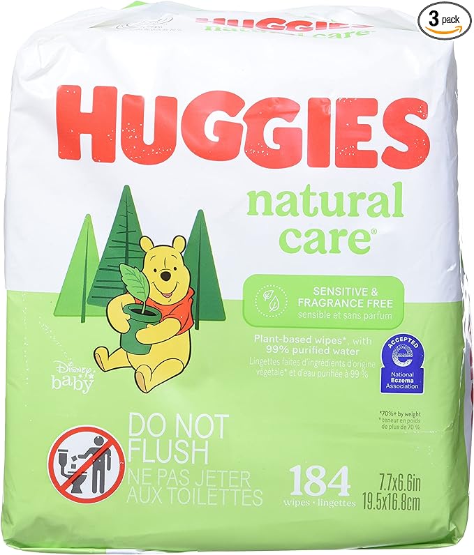 Huggies Natural Care Fragrance Free Baby Wipes, 552 Total Wipes 184 Count (Pack of 3), Packaging May Vary