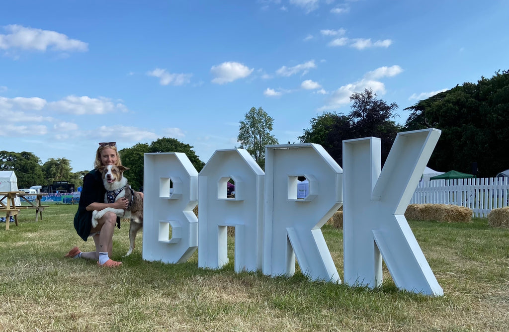 border collie and owner twiggy tags staff posing with large signage that says bark at fun dog show new forest