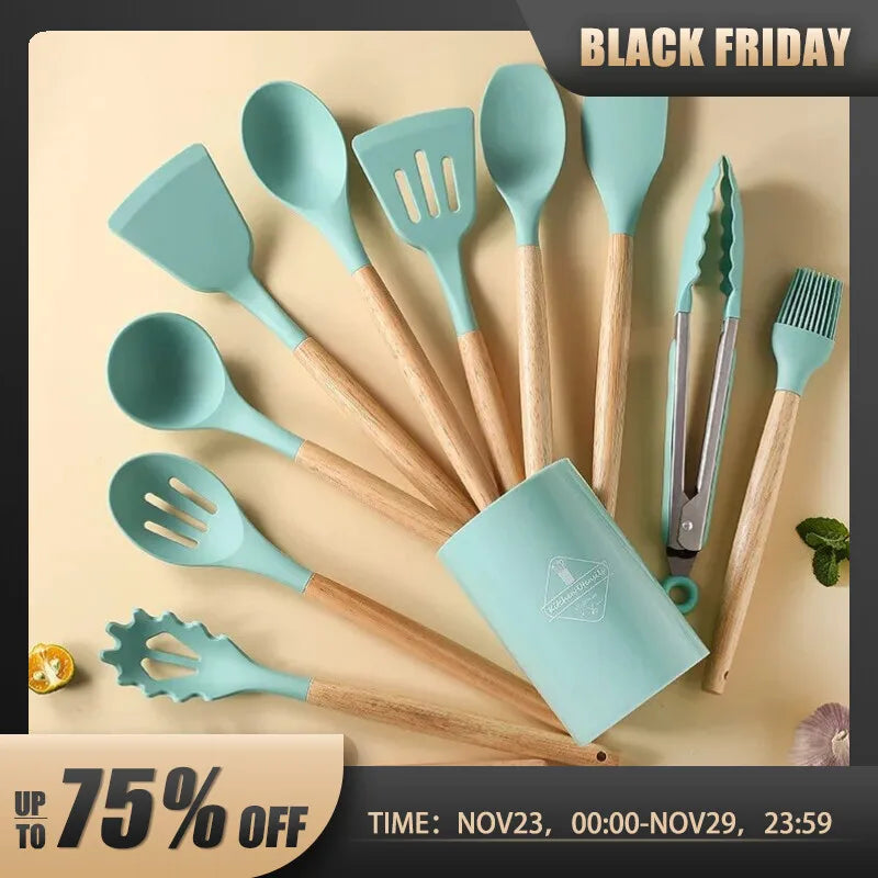 12Pcs/Set Wooden Handle Silicone Kitchen Utensils With Storage Bucket High Temperature Resistant And Non Stick Pot Spatula Spoon