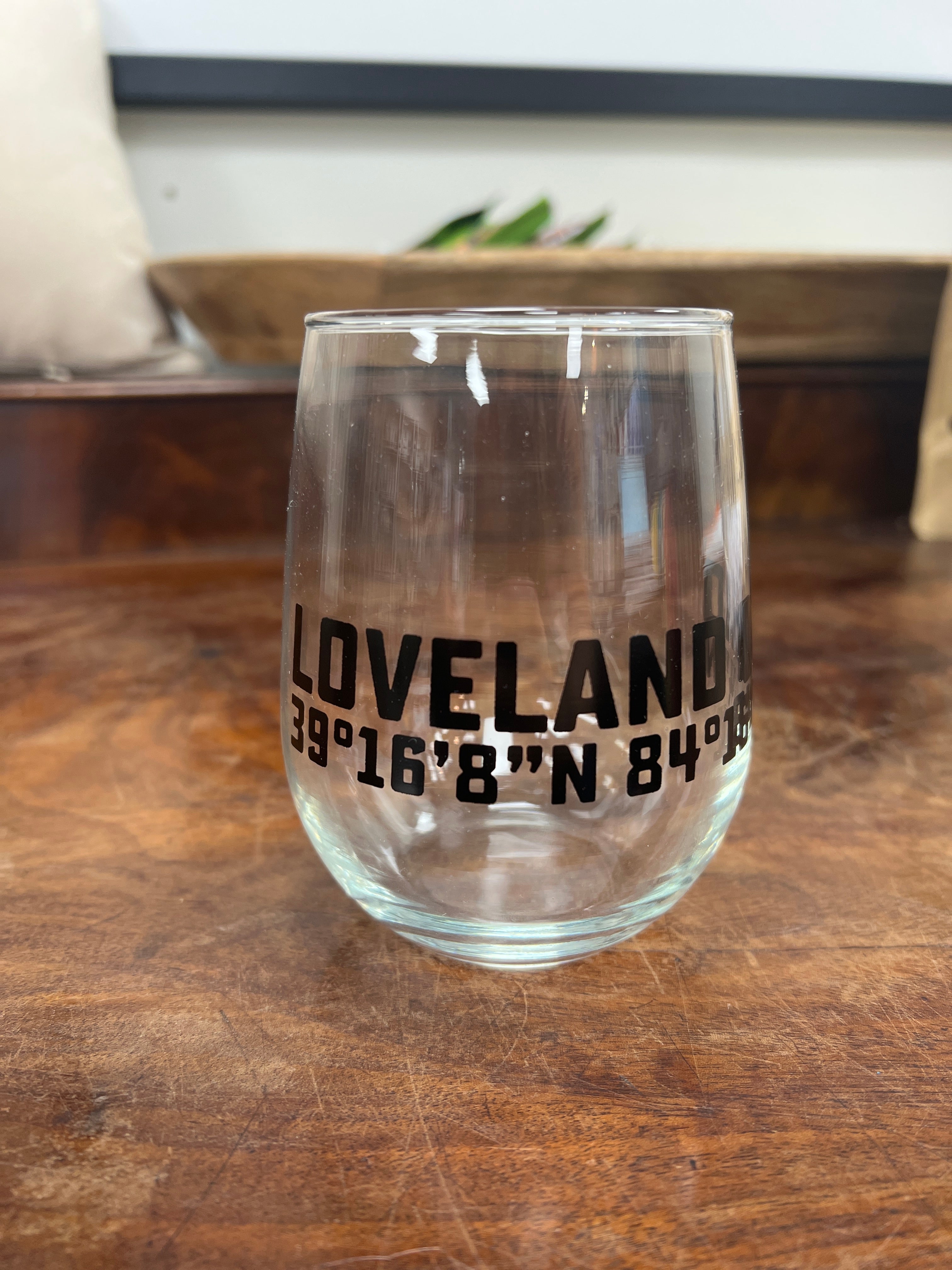 Loveland Ohio Latitude and Longitude Stemless Wine Glasses