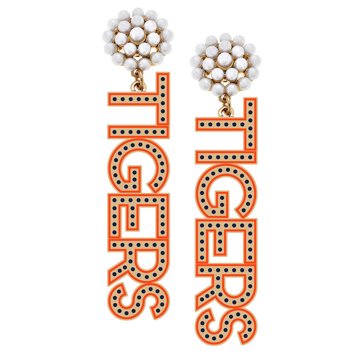 Tigers Pearl Cluster Enamel Drop Earrings in Burnt Orange Canvas Style