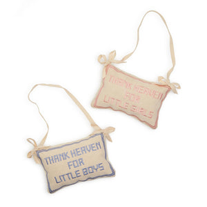 Thank Heaven Embroidered Pillow Door Hanger Dècor Assorted 2 Colors: Pink and Blue