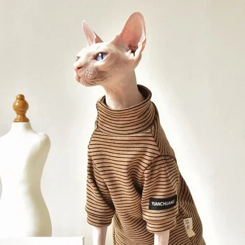 Retro Knitted Brushed Inner Fall Winter Bottoming Shirt - Stylish Kitten Outfits - Hairless Cat Clothes Designed for Devon Rex, Sphynx Cat Costume