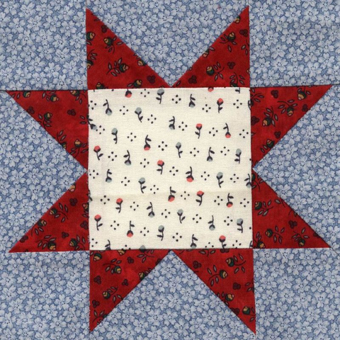 Photo shows closeup of single traditional star quilt block.