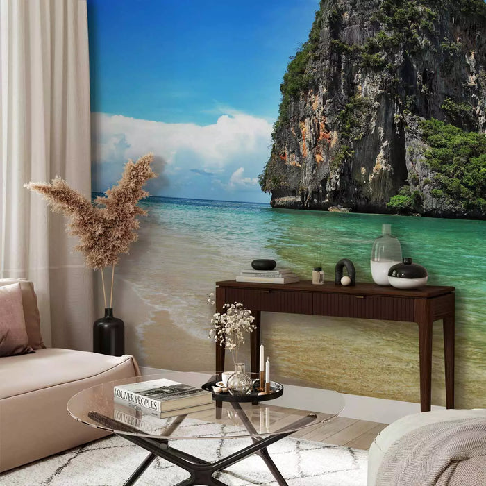 a bedroom decorated with an ocean view wall mural wallpaper