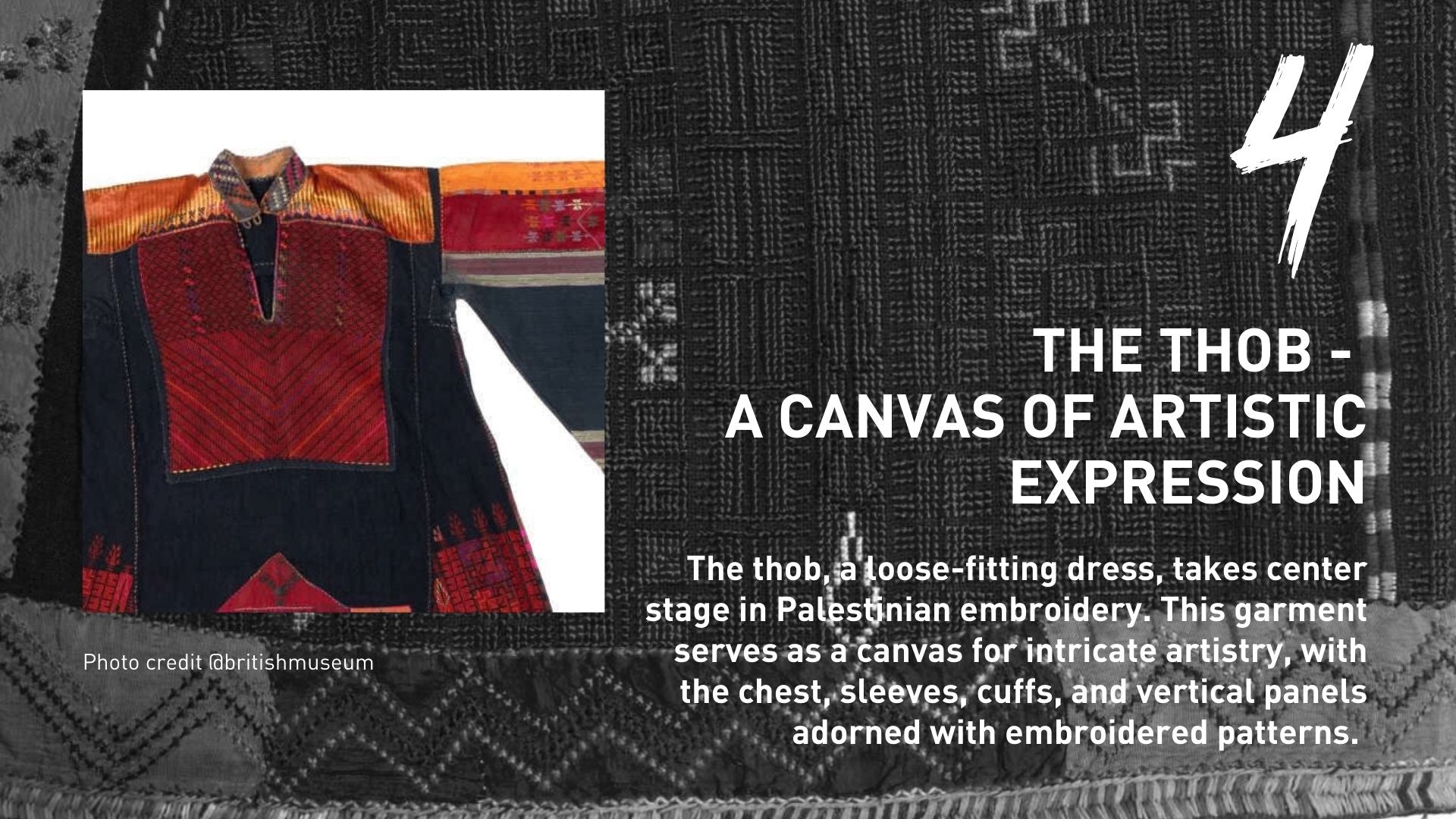 The thob, a loose-fitting dress, takes center stage in Palestinian embroidery. This garment serves as a canvas for intricate artistry, with the chest, sleeves, cuffs, and vertical panels adorned with embroidered patterns.