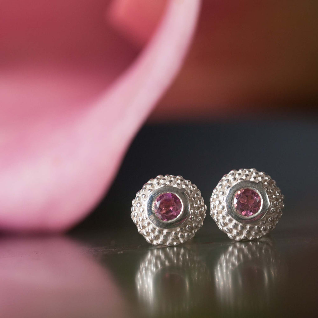 Catherine Hills Jewellery Pink Tourmaline birthstone pollen studs earrings