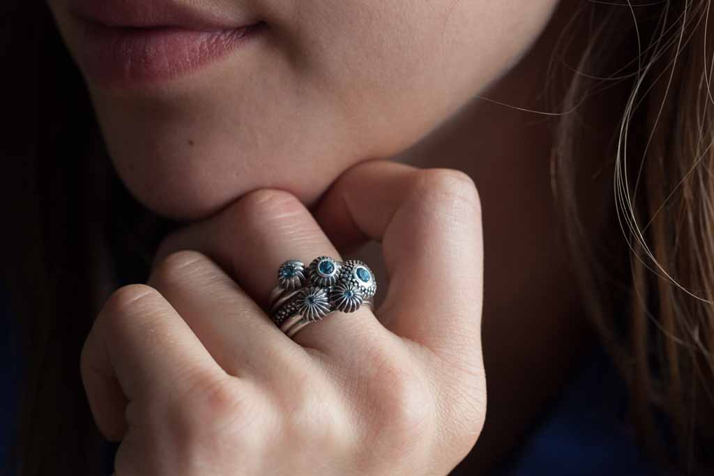 Catherine Hills Jewellery Blue Topaz birthstone pollen stacking rings