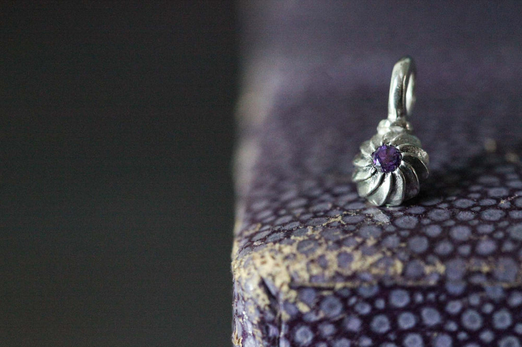 Catherine Hills Jewellery Amethyst birthstone swirlilng sepal charm