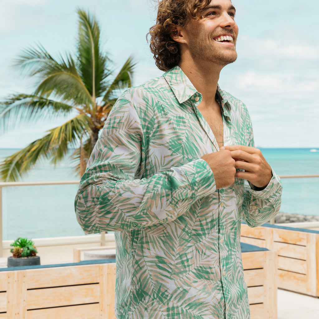 Mens long sleeve green fronds breezy tropics button down shirt