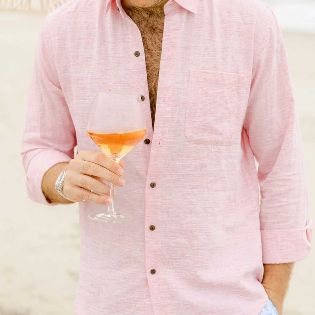 mens pink linen long sleeve button down shirt