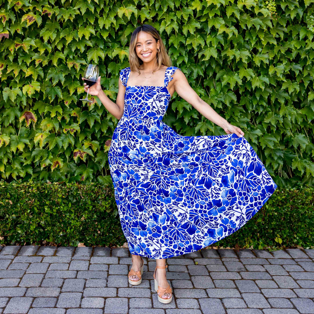 Womens blue napa maxi resort dress with ruffle straps and smocked back