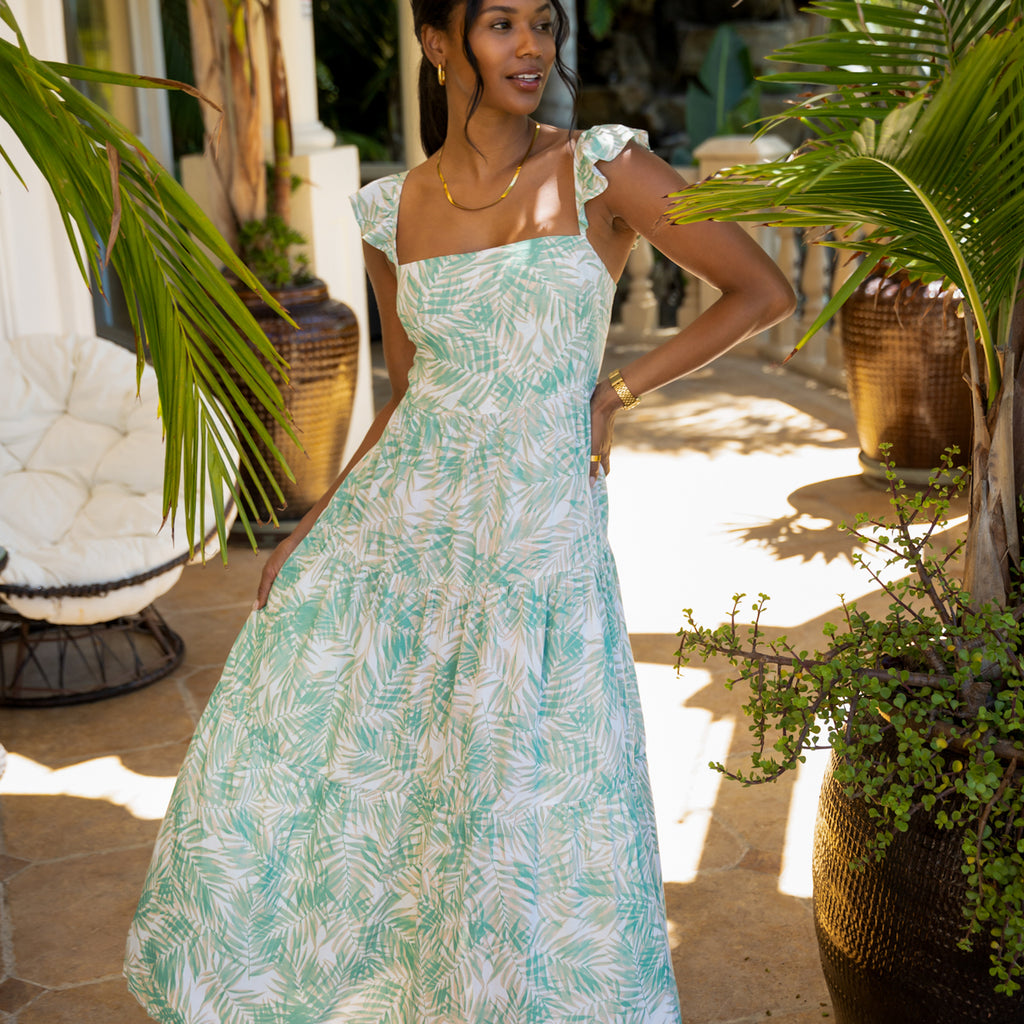 Womens green fronds maxi dress with ruffle straps and smocked back