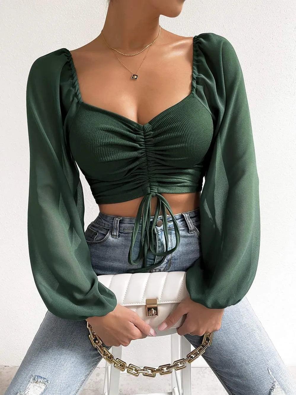 NOVA™ | Puffy Mouwen Topje MyGirlClub. Donkergroen S