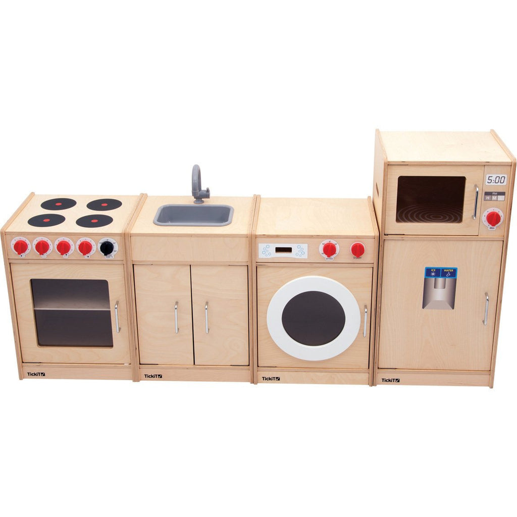 wooden play kitchen with washing machine