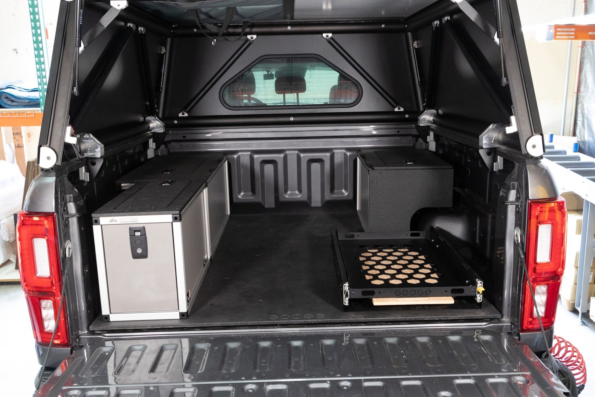 Goose Gear Camper System - Go Fast Camper - Midsize Truck - Passenger Side Package with Solo Fridge Slide - 5Ft. Bed