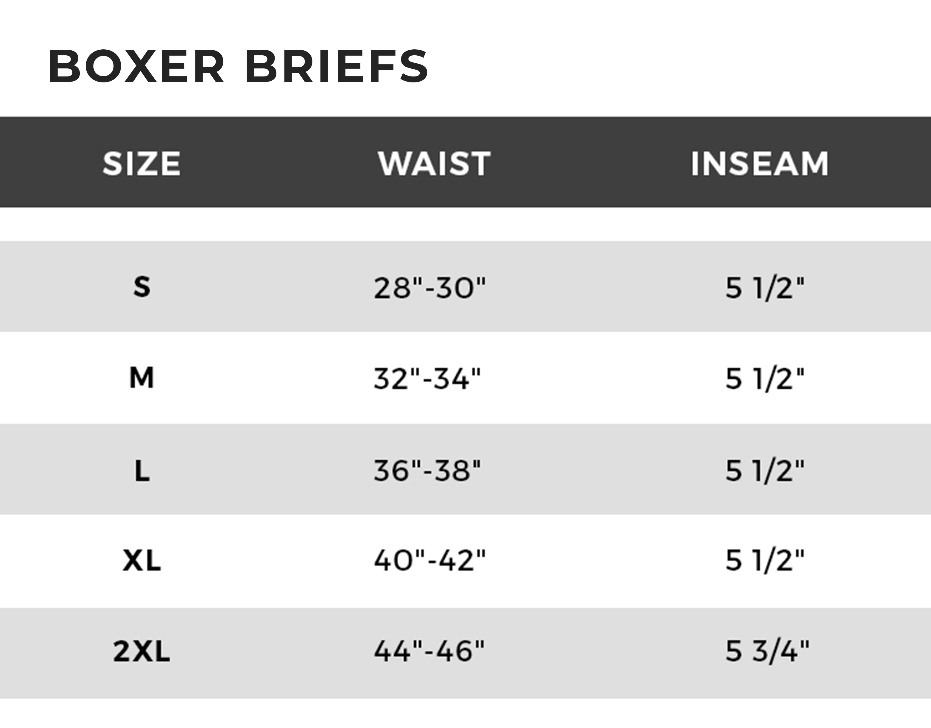 Size Chart For Men's Boxer Briefs