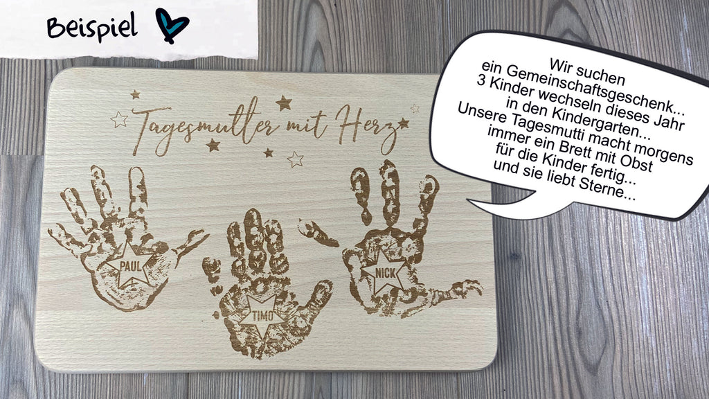 Geschenkidee Tagesmutter Abschiedsgeschenk Tagesvater Handabdrücke im Original Handabdruck auf Holz graviert Danke sagen mit Name personalisiert Gemeinschaftsgeschenk Kindertagespflege