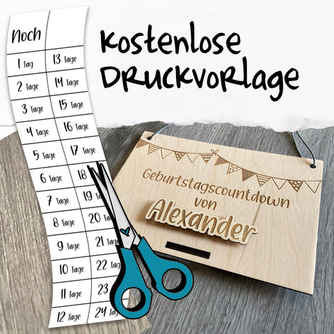 kostenlose Druckvorlage Freebie Geburtstagscountdown Geburtstag feiern Geburtstagskind Tage bis zum Geburtstag zählen Kinder personalisiert mit Name austauschbar