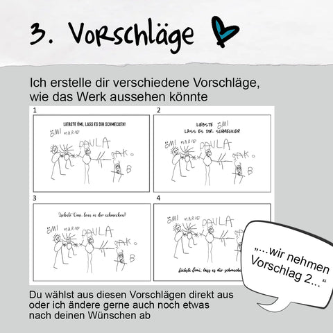 Kinderzeichnung auf Holz und Schiefer graviert - Beispiel Brettchen, Kinderkunstwerk im Original graviert mit individuellem Text, individuelle Gravur schafft einzigartiges Geschenk - 3. Schritt: Vorschläge