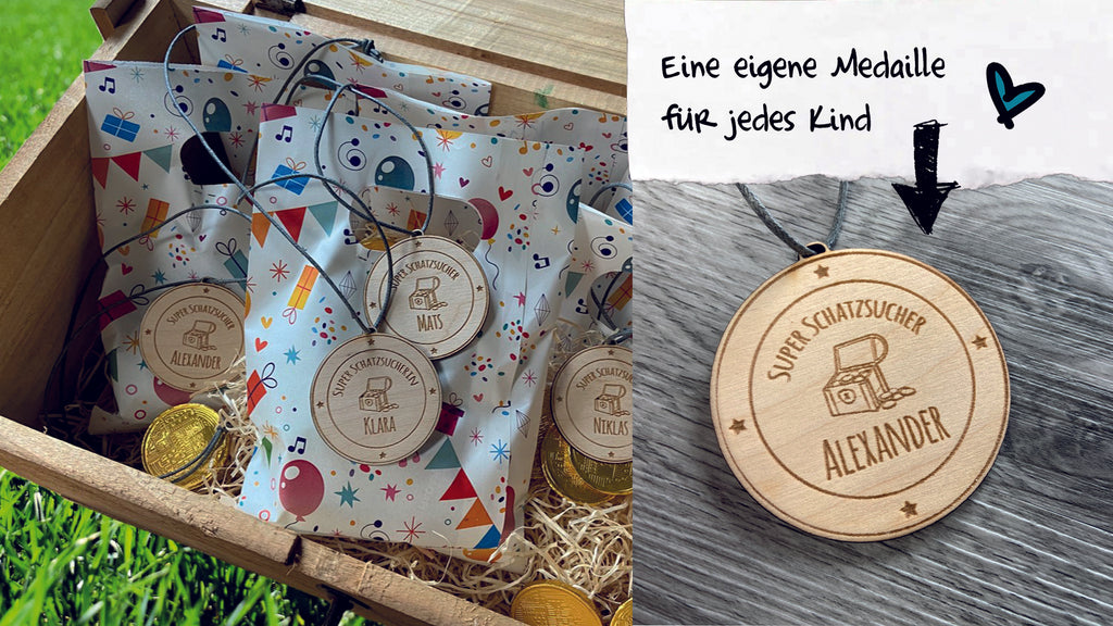 Medaille aus Holz mit Name personalisiert Schatzsuche Piratenschatz Schatzkiste Rallye Schnitzeljagd Preis Orden Kindergeburtstag Geburtstagsfeier