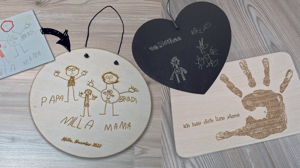 Kinderzeichnung auf Holz oder Schiefer graviert Geschenkidee zum Muttertag besonderes individuelles Geschenk für Mama individuelle Gravur