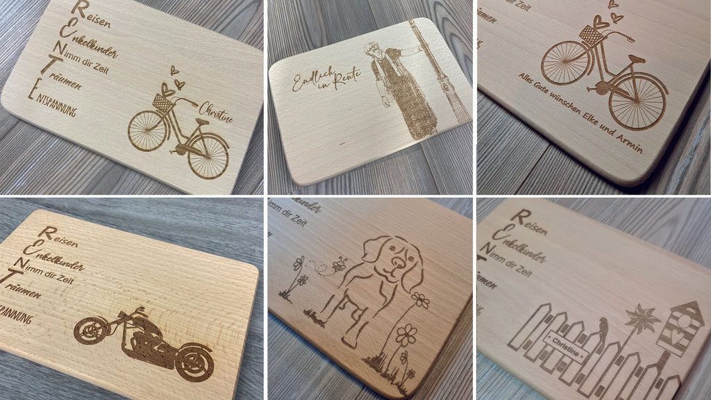 Geschenk zur Rente Ruhestand Renteneintritt Geschenkidee personalisiert individuelle Gravur Brettchen Schneidebrett Text Spruch Hobby Garten Motorrad Hund Foto mit Name personalisiert