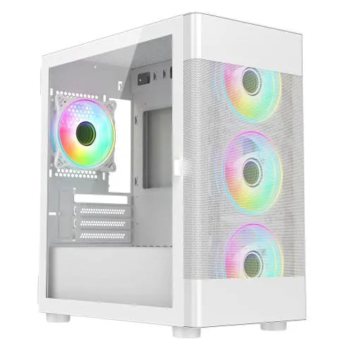 Vida Zephyr white Tempered glass case with RGB fans at a diagonal front three quarter angle on a white background.