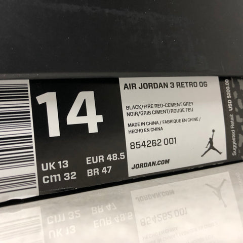 Jordan 3 OG Black Cement 2018 Box Size Tag