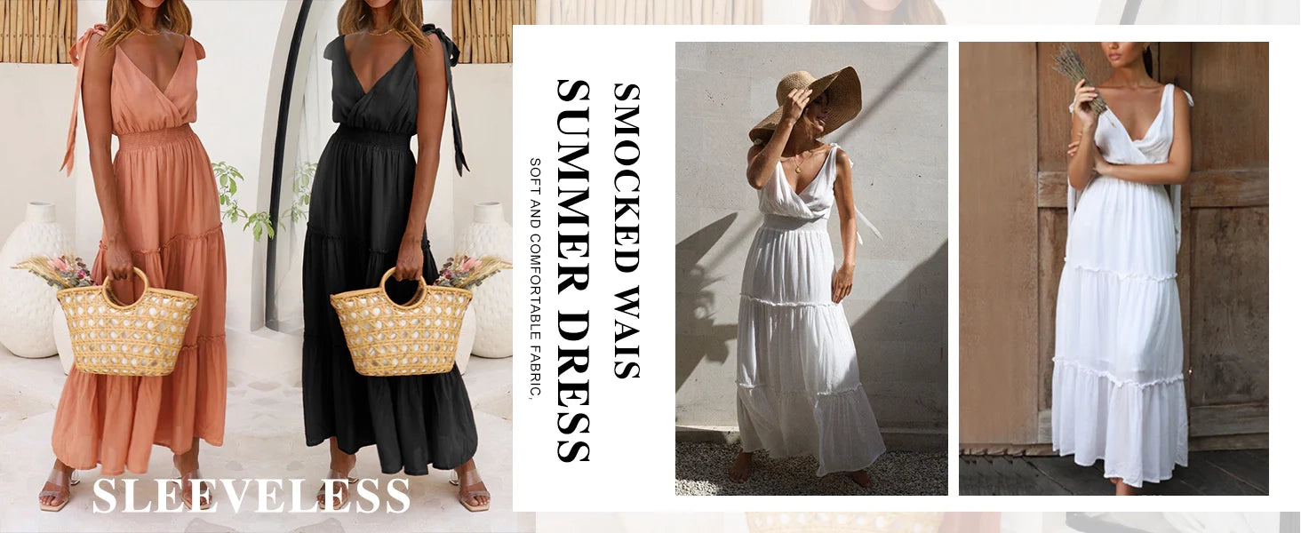 Women's Cross Neck Summer Sleeveless Tiered Maxi Dress Beach Tie Strap Smocked Long Dresses Pleated Sundress Touch Data      ...