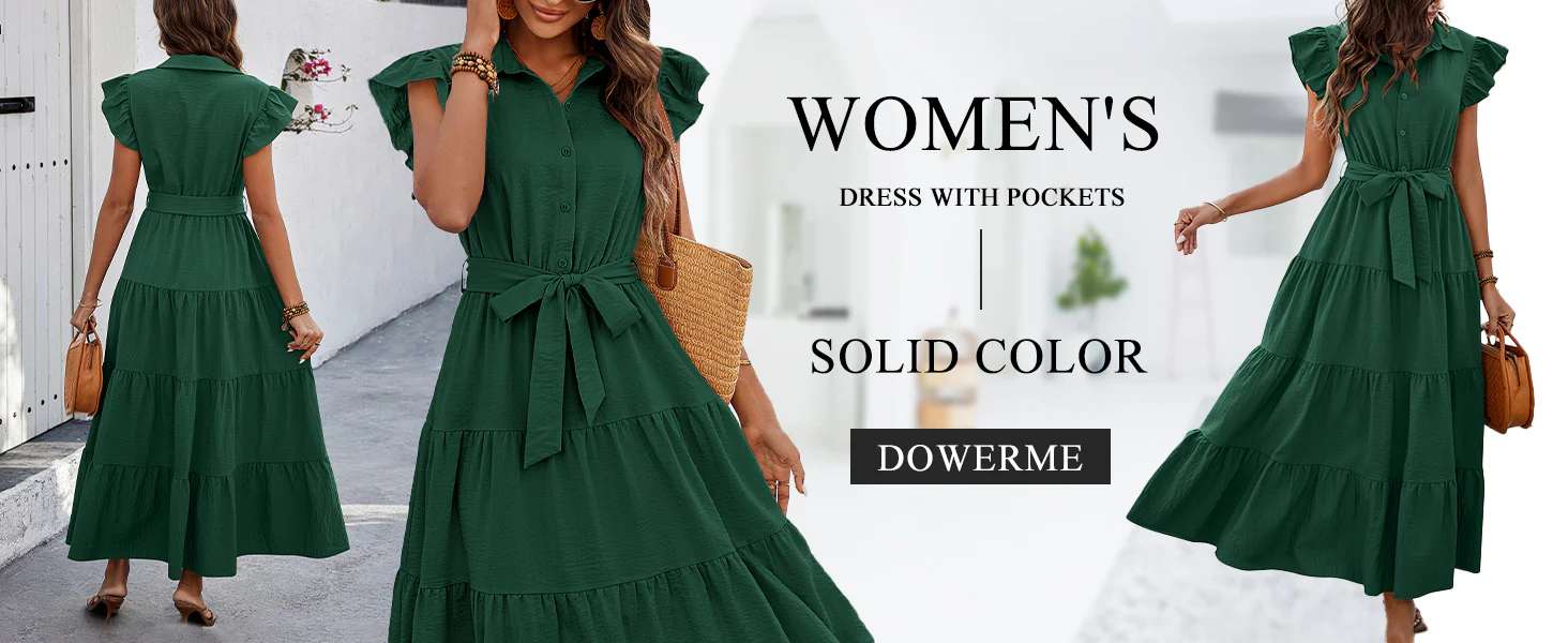 202405141807 Women's Summer Casual Dresses 2024 Cap Ruffle Sleeve V Neck Button Belted Tiered Boho Maxi Dress with Pockets To...