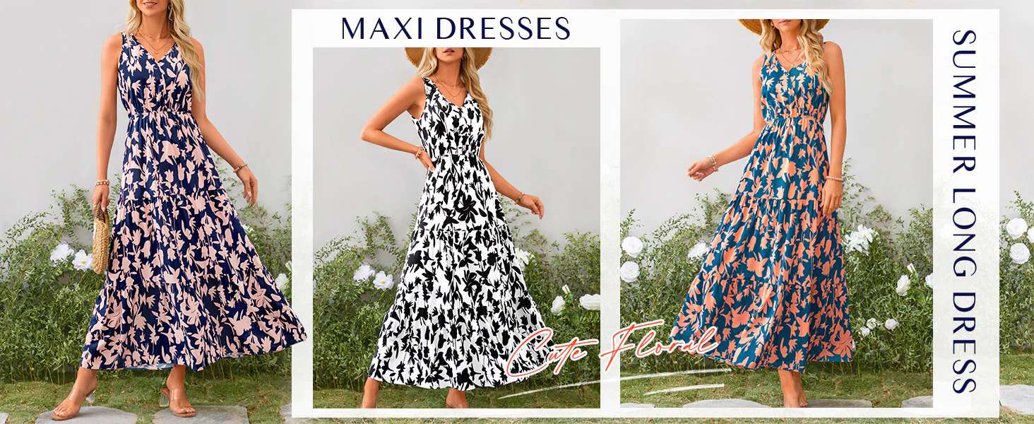 Womens V Neck Summer Sleeveless Tiered Maxi Dress Beach Long Dresses Casual Sundress Party Club