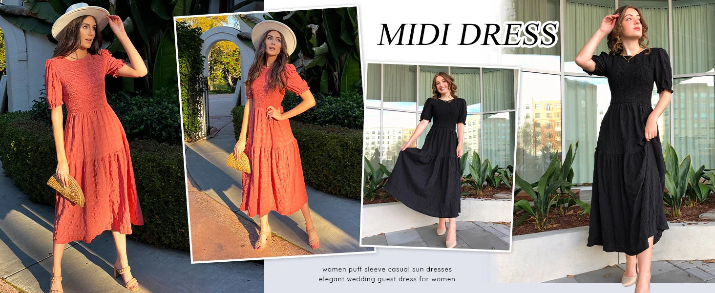 women summer short puff sleeve solid color crewneck high quality A-line midi dress