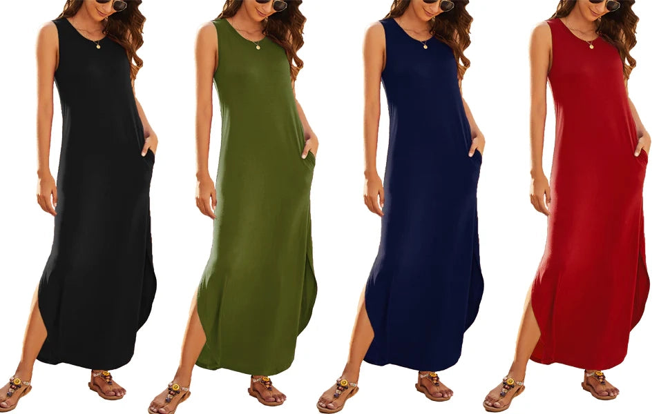 202404261417 Women's Casual Summer Sleeveless Dress Loose Split Maxi Dresses with Pockets Touch Data