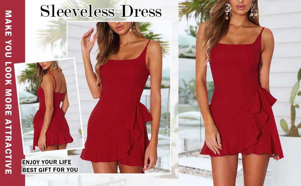 202405111545 Womens Short Summer Dresses Sleeveless Deep V Neck Boho A Line Mini Dress Tie Front Ruffle Hem Trendy Dresses To...