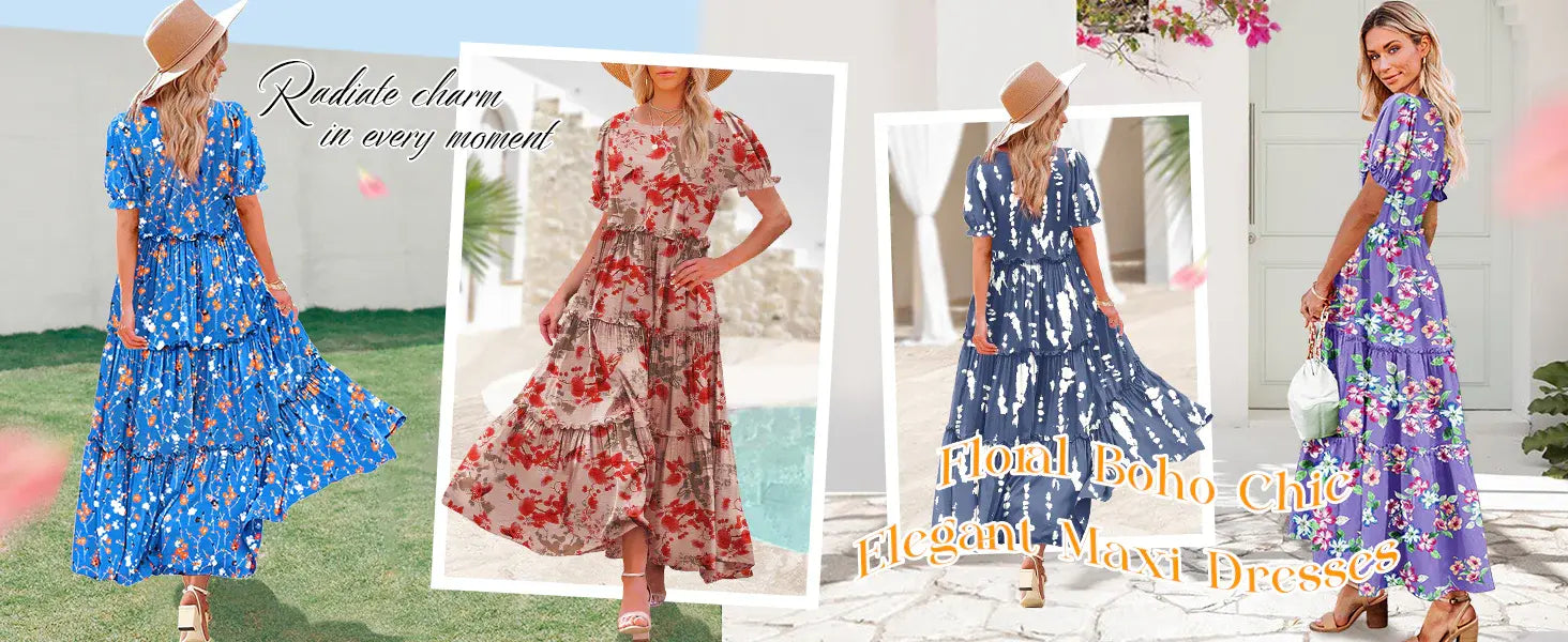 Summer Casual Bohemian Floral Dresses for Women 2024 Puff Short Sleeve Long Maxi Dress with Pockets ETX Touch Data          B...