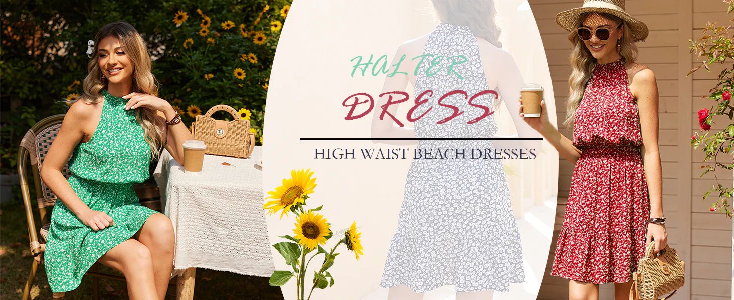 Womens Halter Neck Dress Floral Sleeveless Casual Summer Beach Sundress