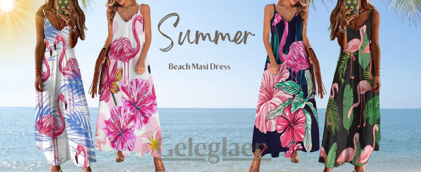 Women's Summer Flamingo Printed Sleeveless Dress Spaghetti Strap Boho Tropical Summer Maxi Dress Touch Data