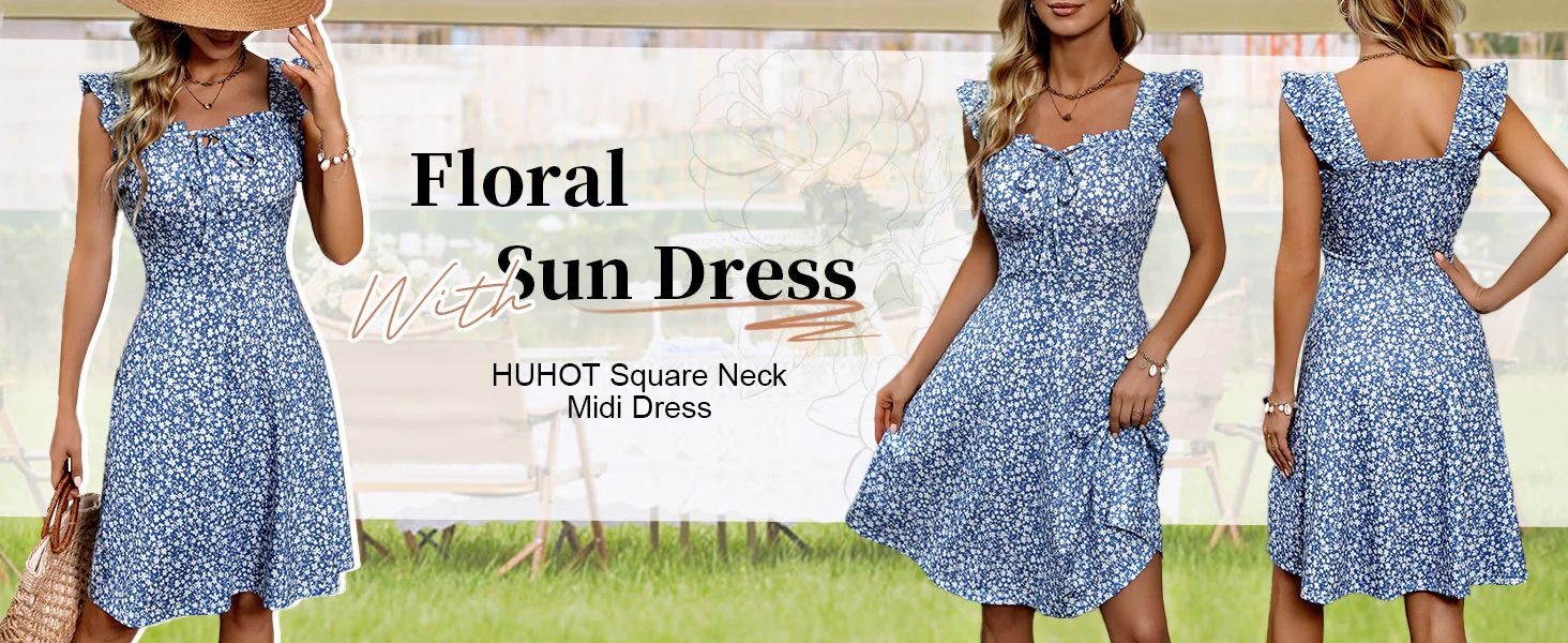 202405131945 Summer Sun Dresses for Women 2024 Adjustable Square Neck Sleeveless Midi Floral Graduation Beach Casaul Sundress...