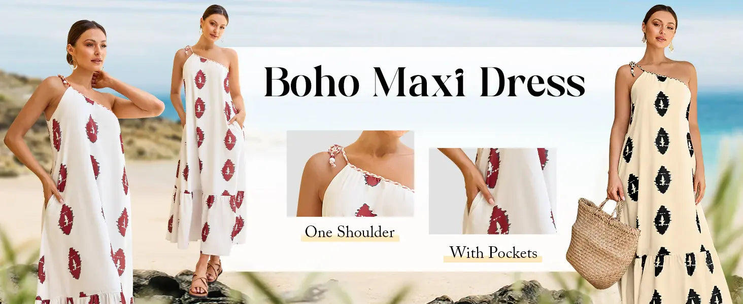 Womens Summer Maxi Dresses: One Shoulder Midi Dresses Boho Beach Vacation Long Sundress with Pockets Touch Data