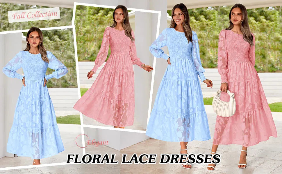 202405151027 Casual Women's 2024 Fall Dresses Elegant Wedding Guest Dress Long Sleeve Floral Midi Dress Flowy Bohemian Long D...