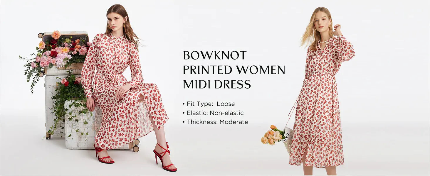 Floral Dress for Women Casual Midi Dress with Gathered Wasit Touch Data