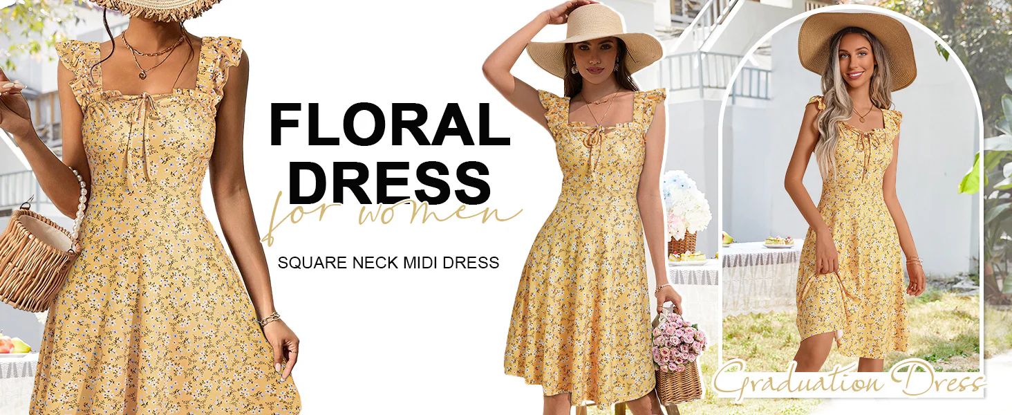 202405131945 Summer Sun Dresses for Women 2024 Adjustable Square Neck Sleeveless Midi Floral Graduation Beach Casaul Sundress...