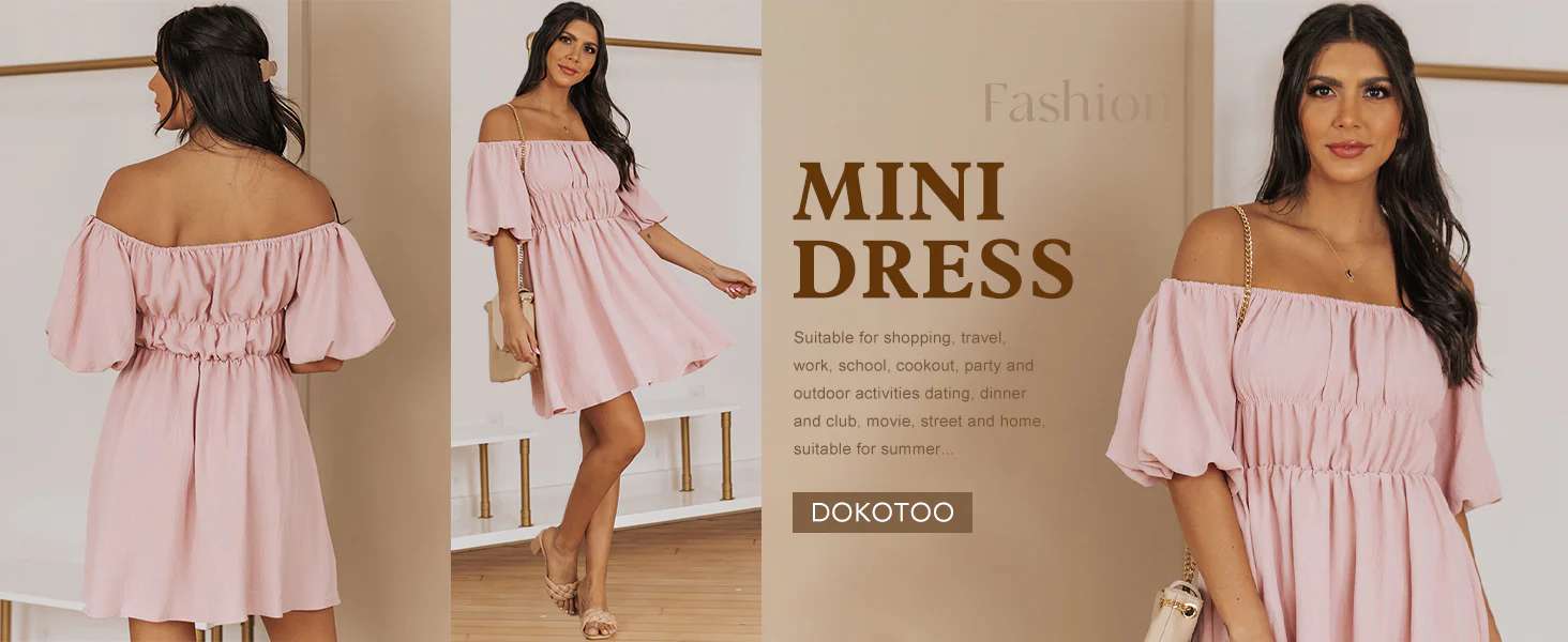 202405111559 Womens Off The Shoulder Summer Dresses 2024 Short Lantern Sleeve Ruffle Elastic Waist A-Line Casual Mini Dress T...